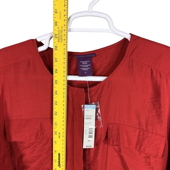 Beverly Drive NWT Womens 2X Holiday Red Silky Blouse 3/4 Tab Sleeve Pockets - Picture 9 of 14